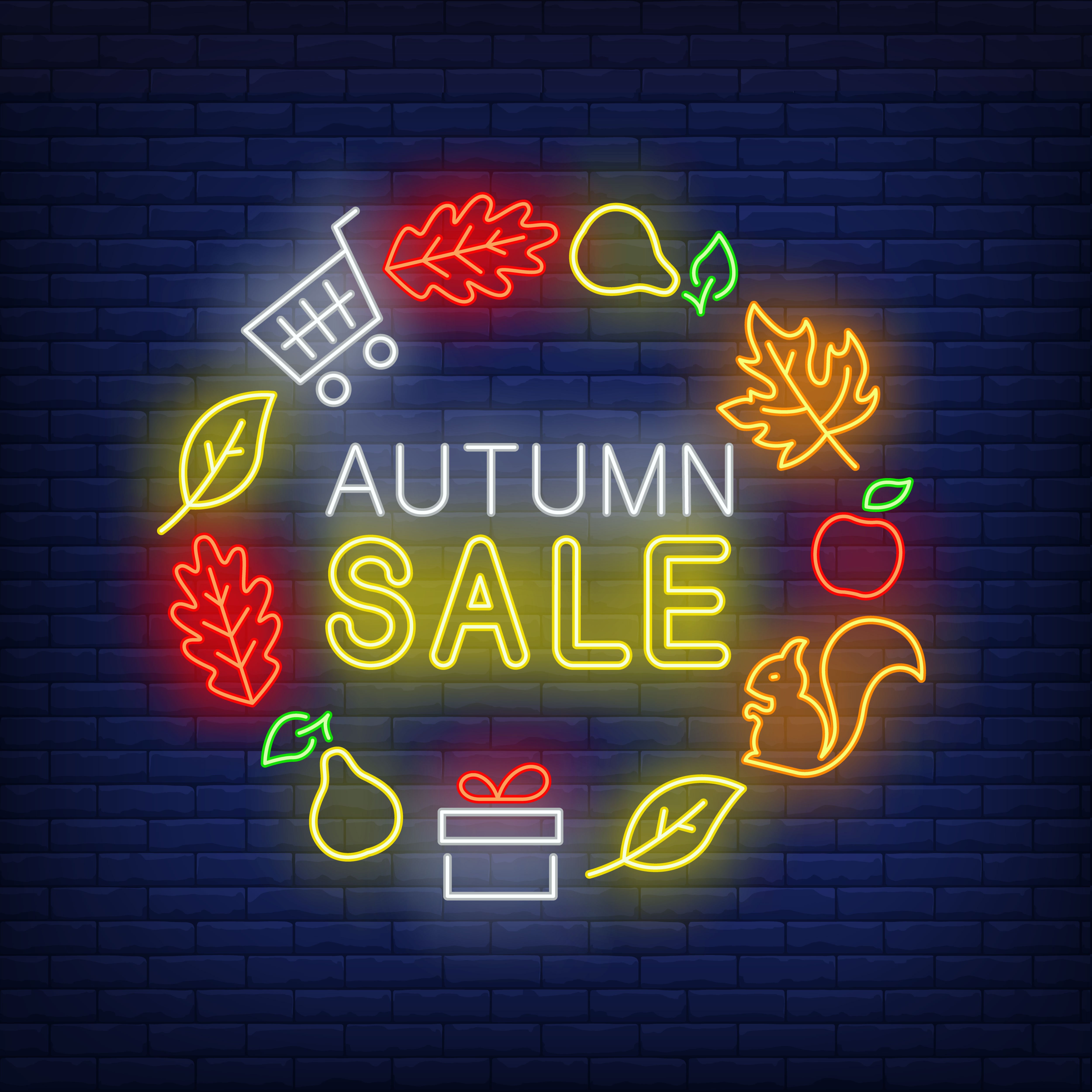 Autumn sale neon lettering with leaves, pears, gift, squirrel